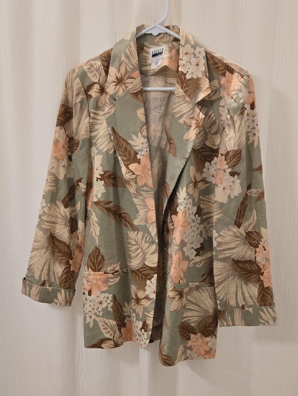 Vintage Elegant Sage Green Floral Blazer with Peach & Brown Accents